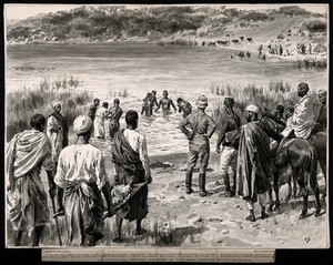 view Holy Lake, Mount Zouquala, Abyssinia: pilgrims being lead to the lake in hope of a miracle. Watercolour drawing by F. Dadd, 1897.