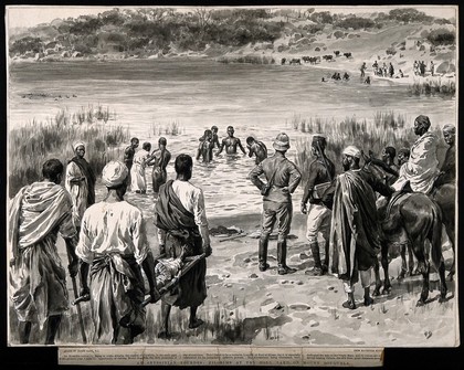 Holy Lake, Mount Zouquala, Abyssinia: pilgrims being lead to the lake in hope of a miracle. Watercolour drawing by F. Dadd, 1897.