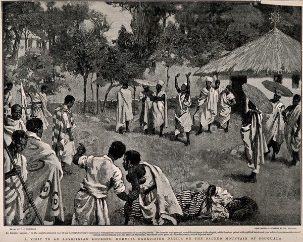 Mount Zouquala, Abyssinia: hermits exorcising devils. Process print after F.C. Dickinson after Dr. Koelitz.
