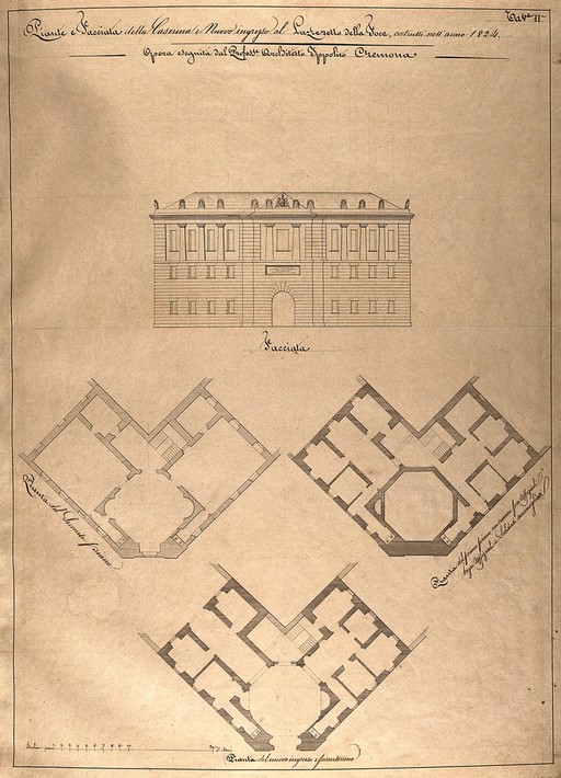 The lazaretto at Foce: facade and floor plans. Pen drawing by I. Cremona after himself, 1824.
