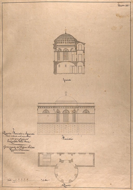The lazaretto at Foce: section, facade and floor plan of part of the hospital. Pen drawing by I. Cremona, after himself, 1825.
