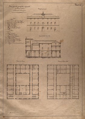 The lazaretto of Varignano at La Spezia: sections and floor plans. Pen drawing by I. Cremona, c. 1825.