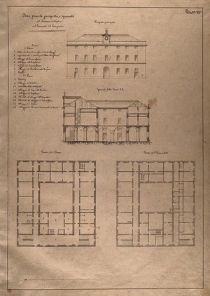 view The lazaretto of Varignano at La Spezia: sections and floor plans. Pen drawing by I. Cremona, c. 1825.