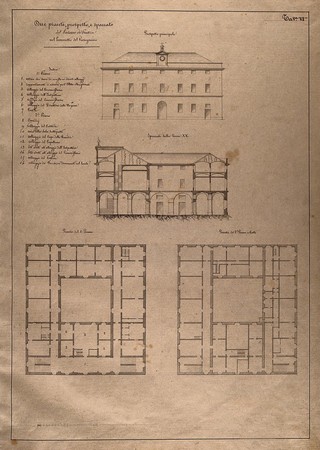The lazaretto of Varignano at La Spezia: sections and floor plans. Pen drawing by I. Cremona, c. 1825.