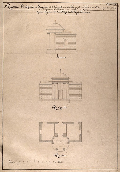 The lazaretto of Varignano at La Spezia: section, facade and floor plan of the chapel. Pen drawing by I. Cremona after himself, 1832.