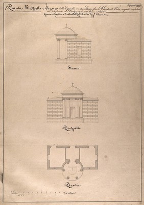 The lazaretto of Varignano at La Spezia: section, facade and floor plan of the chapel. Pen drawing by I. Cremona, 1832.