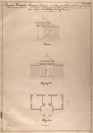 view The lazaretto of Varignano at La Spezia: section, facade and floor plan of the chapel. Pen drawing by I. Cremona, 1832.
