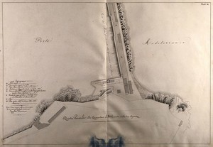 view Quarantine section of an Italian port. Pen drawing by I. Cremona, 1813-1820.