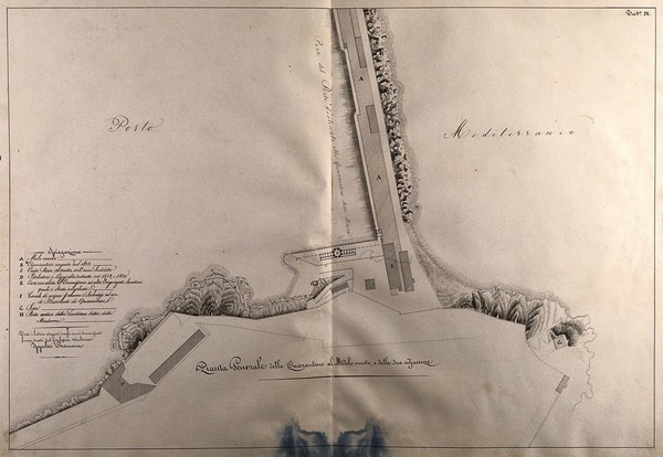 Quarantine section of an Italian port. Pen drawing by I. Cremona, 1813-1820.