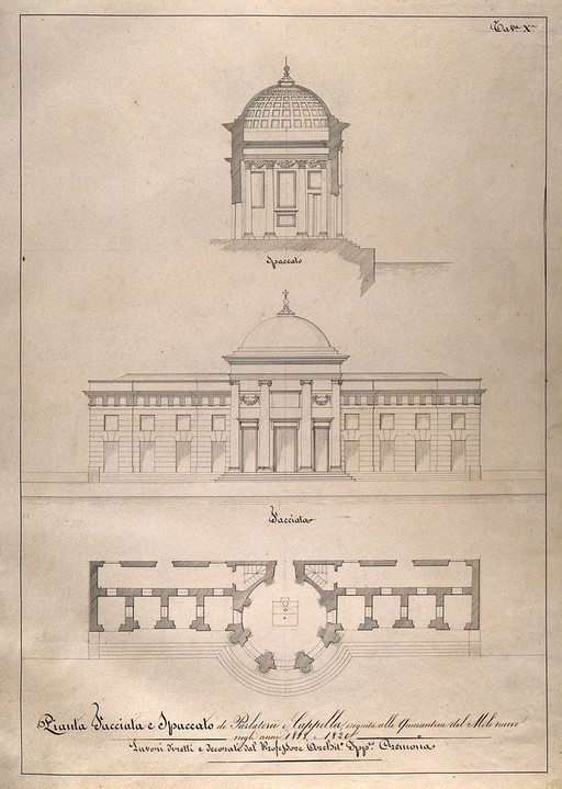 An Italian lazaretto: section, facade and floor plan of the chapel and visiting room. Pen drawing by I. Cremona after himself, 1818-1820.