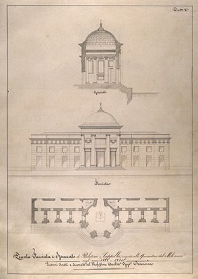 An Italian lazaretto: section, facade and floor plan of the chapel and visiting room. Pen drawing by I. Cremona, 1818-1820.