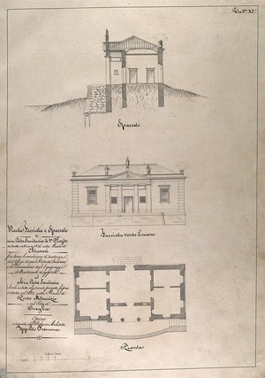 view Small hospital at the harbour at Chiavari, Italy: section, facade and plan. Pen drawing by I. Cremona, 1826.