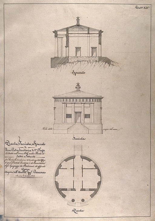 Small hospital, Sestri Levante harbour: section, facade, floor plan. Pen drawing by I. Cremona, after himself, 1826.
