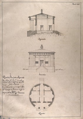 Small hospital, Sestri Levante harbour: section, facade, floor plan. Pen drawing by I. Cremona, 1826.