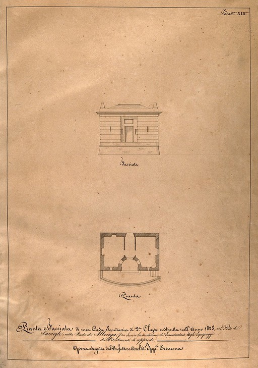 Small hospital at Camogli port: facade, floor plan. Pen drawing by I. Cremona, after himself, 1825.