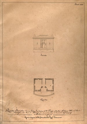 view Small hospital at Camogli port: facade, floor plan. Pen drawing by I. Cremona, 1825.