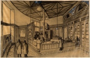 view Snow Hill Buildings, London, headquarters of Burroughs Wellcome Co.: interior, 1885. Pencil drawing.