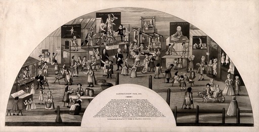 Bartholomew Fair, site of St. Bartholomew's Hospital, London, pictured in 1721. Aquatint with etching, c. 1800.