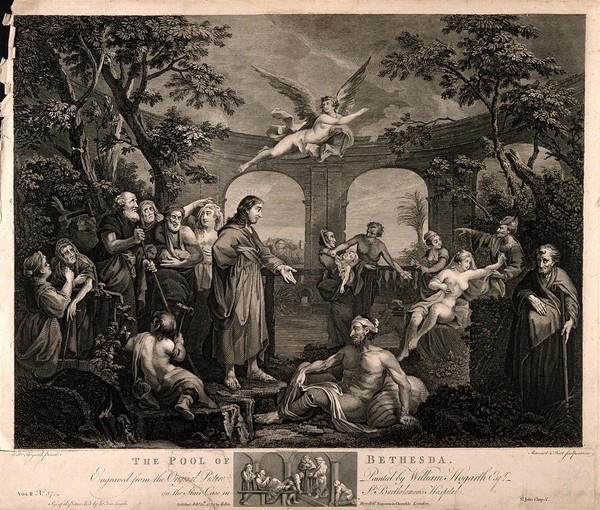 Christ cures the paralytic at the therapeutic pool of Bethesda. Engraving by S.F. Ravenet and V.M. Picot, 1772, after W. Hogarth.