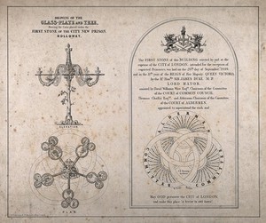 view The first stone and inlaid coins of Holloway prison. Lithograph by C.M. Firth.