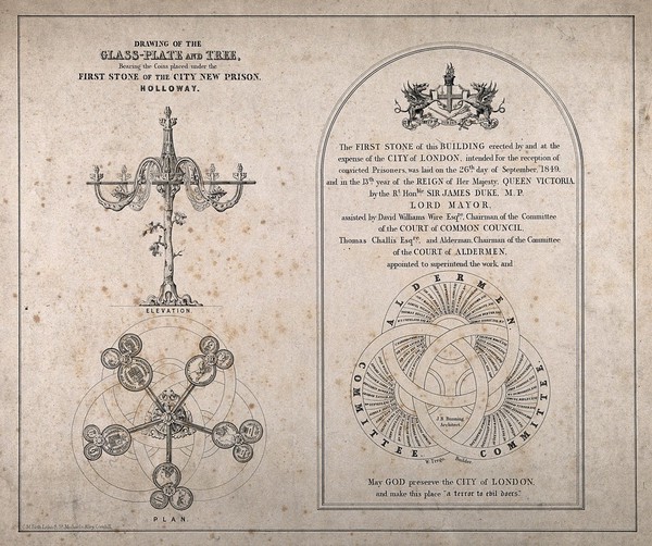 The first stone and inlaid coins of Holloway prison. Lithograph by C.M. Firth.