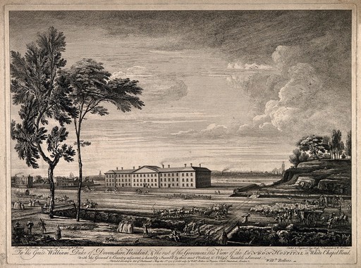 The London Hospital, Whitechapel: viewed from the north, across Whitechapel Road. Engraving by J.-B.-C. Chatelain and W.H. Toms, 1753, after W. Bellers, 1752, after B. Mainwaring, 1751.