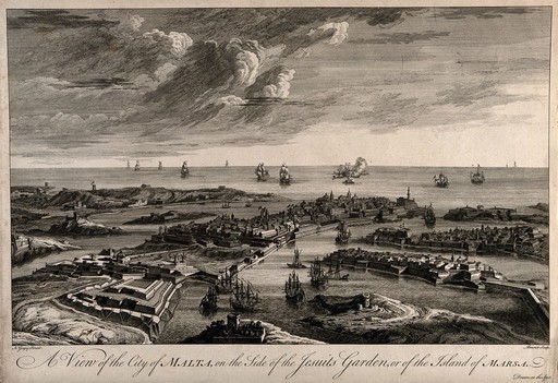 Malta: view of the city. Etching by M-A. Benoist, c. 1770, after J. Goupy, c. 1725.
