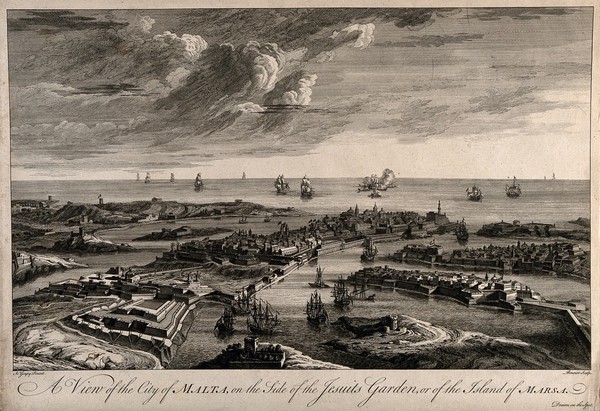 Marsa, Malta: view of the island and surroundings. Etching by A. Benoist after J. Goupy, c. 1725.