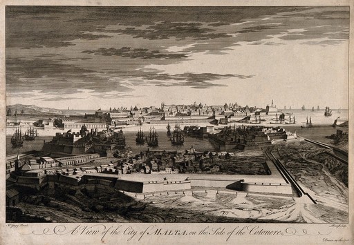 Malta: view from the Cotonera fortifications. Etching by M-A. Benoist, c. 1770, after J. Goupy, c. 1725.