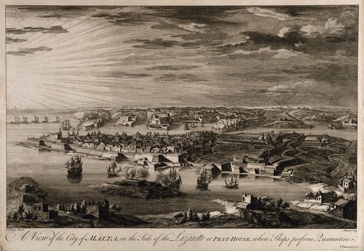 Malta: view of the quarantine area. Etching by M-A. Benoist, c. 1770, after J. Goupy, c. 1725.