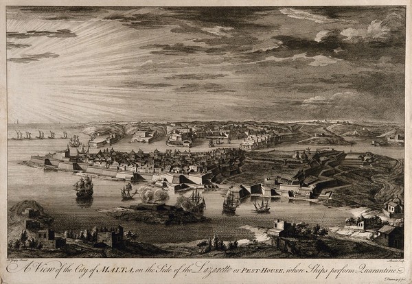 Manoel Island, Malta: the quarantine station. Etching by A. Benoist after J. Goupy, ca. 1725.