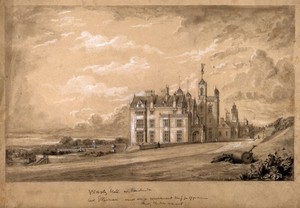 view Worsley Hall, Manchester. Pencil drawing by F.J. Shields, 1849.