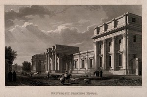 view Printing house, Oxford University. Etching by H. le Keux, 1832, after F. Mackenzie.