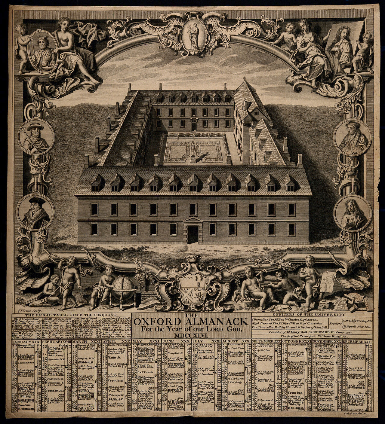 A quadrangle designed for St Mary's Hall, Oxford. Engraving by G. Vertue, 1746., 1746, by George Vertue