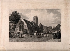 view St. Clement's church, Oxford. Etching by H. le Keux, 1836, after F. Mackenzie, 1829.