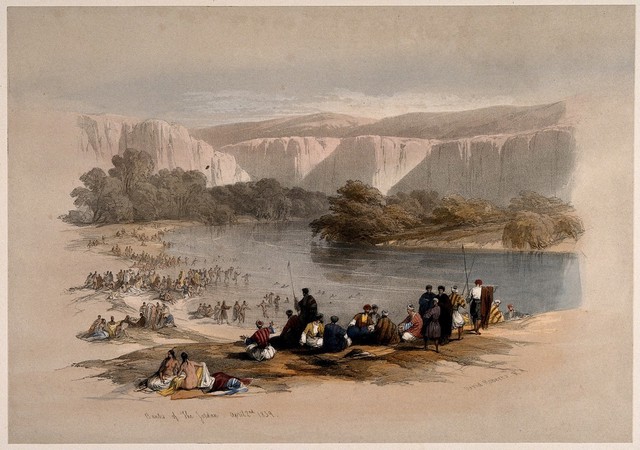 People bathing in the river Jordan. Coloured lithograph after D. Roberts, 1839.