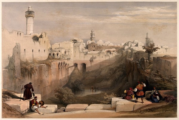 The Pool of Bethesda, Jerusalem, Israel. Coloured lithograph by D. Roberts, 1839.