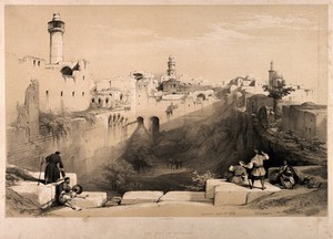 view The Pool of Bethesda, Jerusalem, Israel. Lithograph by D. Roberts, 1839.