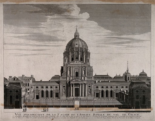 Abbaye Royale du Val de Grace, Paris: facade. Etching.