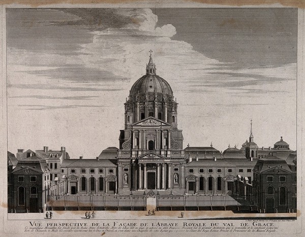 Abbaye Royale du Val de Grace, Paris: facade. Etching.