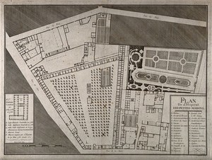 view Hospital des Petits Maisons, Paris: plans. Engraving.