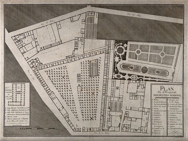 Hospital des Petits Maisons, Paris: plans. Engraving.