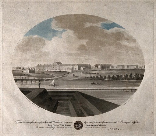 Naval Hospital, Haslar, near Portsmouth: view from right. Coloured aquatint with etching by J. Wells, 1799, after J. Hall.