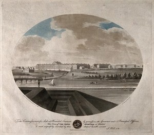 view Royal Hospital, Haslar, near Portsmouth: view from right. Coloured aquatint with etching by J. Wells, 1799, after J. Hall.