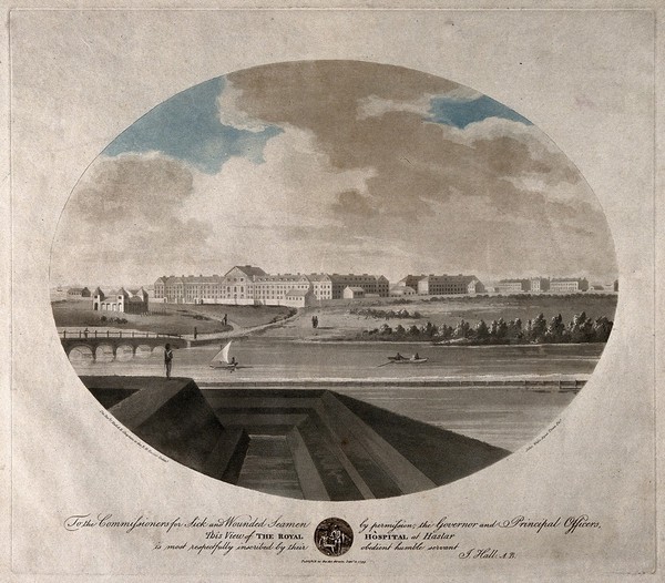 Royal Hospital, Haslar, near Portsmouth: view from right. Coloured aquatint with etching by J. Wells, 1799, after J. Hall.