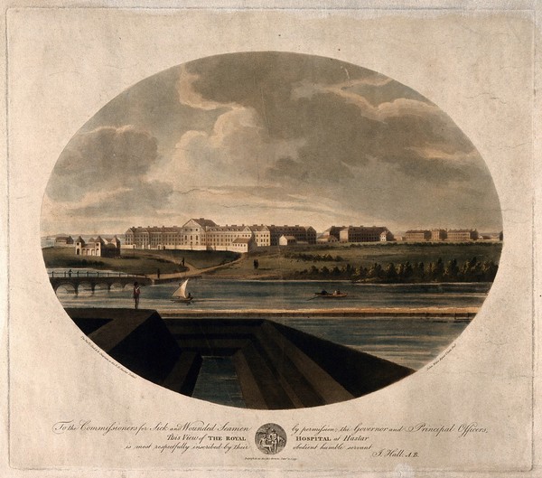Royal Hospital, Haslar, near Portsmouth: view from right. Coloured aquatint with etching by J. Wells, 1799, after J. Hall.