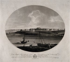 view Royal Hospital, Haslar, near Portsmouth: view from far right. Coloured aquatint with etching by J. Wells, 1799, after J. Hall.