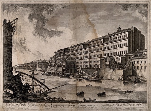 Ospizio Apostolico di S. Michele at the port of Ripa grande, Italy. Engraving by D. Montegu after J. Barbault.