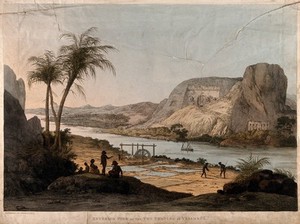 view Abu Simbel: two temples seen from across the Nile river. Coloured etching by A. Aglio, 1820, after G. Belzoni.