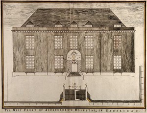 view Addenbrooke's Hospital, Cambridge: west side, showing the gates to Trumpington Street. Pen drawing.